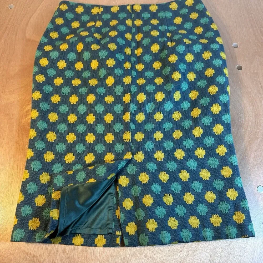 Boden Pencil Skirt 6R Green Yellow Textured Cotton Geometric Knit Slit Retro